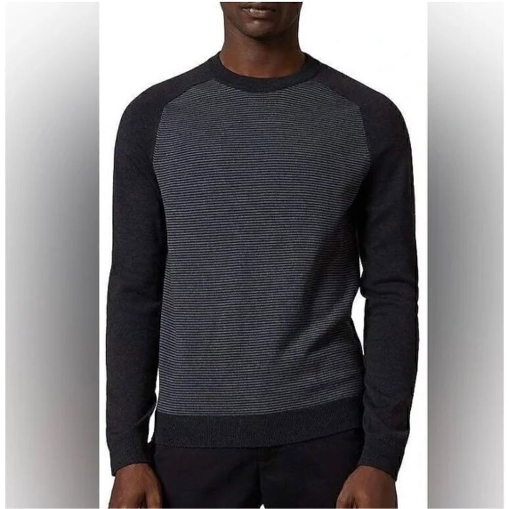 Ted Baker Men’s Crewneck Wool Blend Sweater, Striped Bodice, Solid Arms, Size S